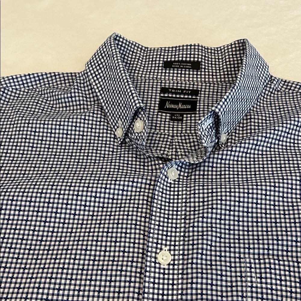 Neiman Marcus Men's Navy and White Gingham Shirt